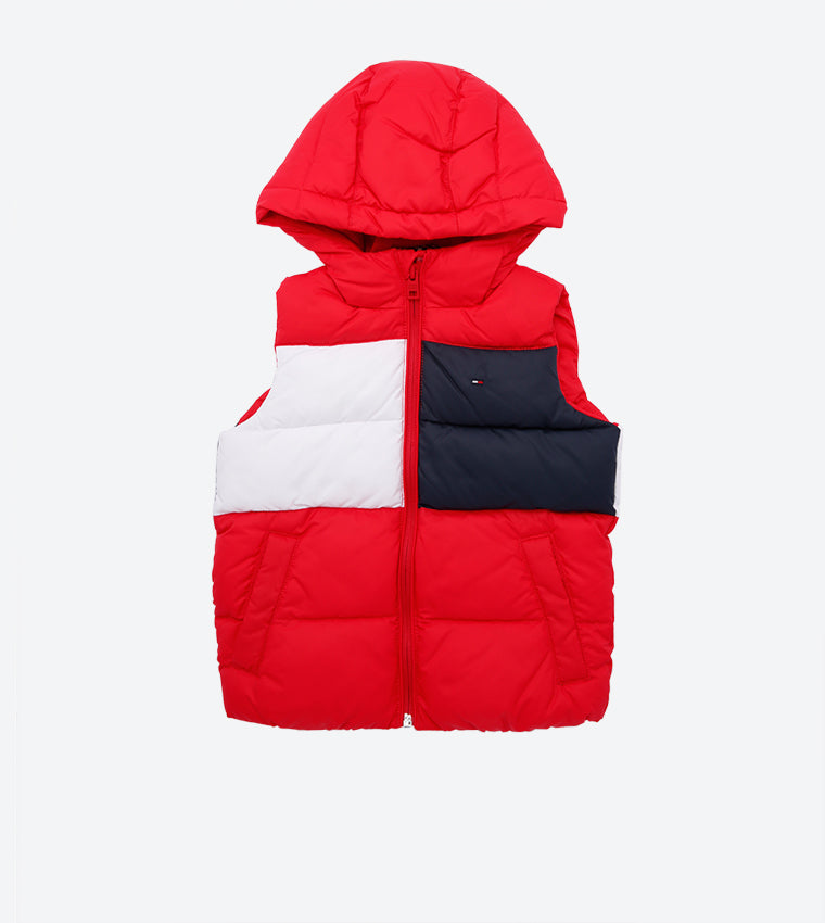 Tommy Hilfiger 
Full Front Zip Closure Flag Padded High Neck Vest - Red